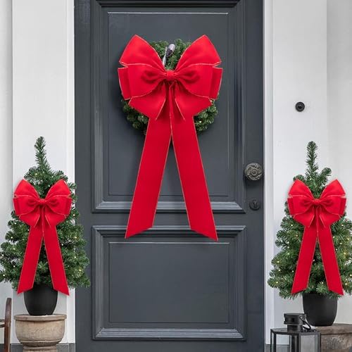2 Pcs Large Christmas Bow, 35" x 17" Red Velvet Golden Edged Bows