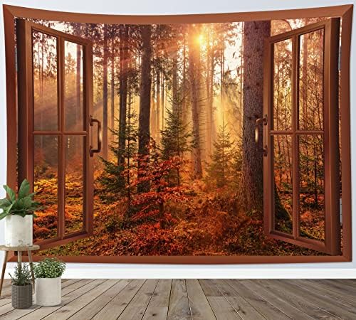 HVEST Fall Tapestry Autumn Maple Tree Forest Scenery outside Window Tapestry for Bedroom, Rustic Thanksgiving Wall Art for Living Room Dorm Holiday Wall Decor, 59W X 51H Inches