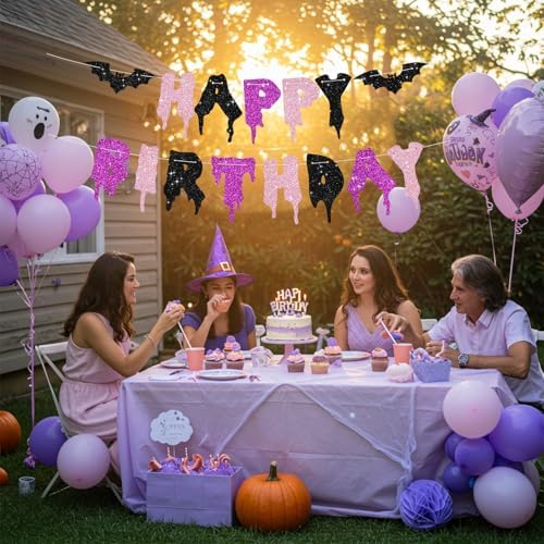 Glitter Pink Purple Black Happy Birthday Halloween Banner - NO DIY - Halloween Hanging Paper Garland Bunting Banner Decorations, Party Supplies for Kids Boy Girl Birthday