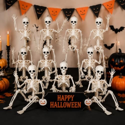 Halloween Decoration Outdoor 5 Pack Skeleton, 16" Plastic Posable Skeleton with Movable Joints, Small Hanging Skeletons for Halloween Decor, Haunted House Graveyard Props