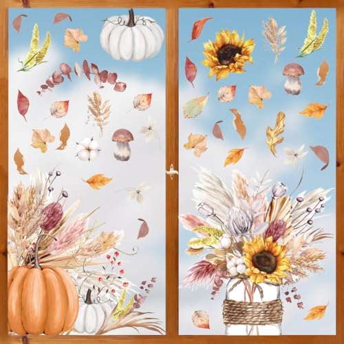Horaldaily 73Pcs Fall Thanksgiving Window Clings, Harvest Colorful Leaves