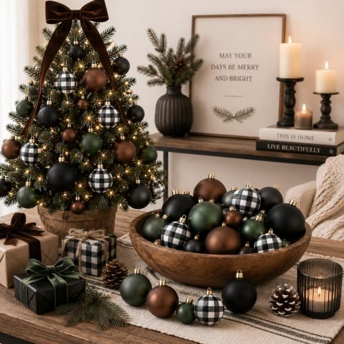 Lunmon 64 Pcs Neutral Christmas Ball Ornaments Bulk Matt Glitter Check Brown Green Black Xmas Bulbs Ornaments 1.6/1.97/2.4 Inch Modern Christmas Decorations for Tree Holiday Indoor Wreath Home Decor