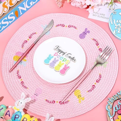 Whaline 4Pcs Easter Bunny Round Placemats Pink Rabbit Embroidered Place Mats Spring Cute Kitchen Table Mats for Home Wedding Baby Shower Birthday Dinner Party Decor