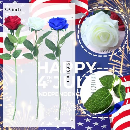 Artificial Roses Flowers, 12 Pcs Red White Blue Patriotic Long Stem Realistic Silk Roses Bouquet for 4th of July, Memorial Day Decoration (Red, White, Blue, 12-PCS)