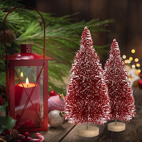 8pcs Mini Christmas Tree, Artificial Bottle Brush Trees with Wood Base, Tabletop Miniature XmasTrees with 4 Small Christmas Wreath, Fake Xmas Tree Ornament, White Christmas Tree for Christmas Décor