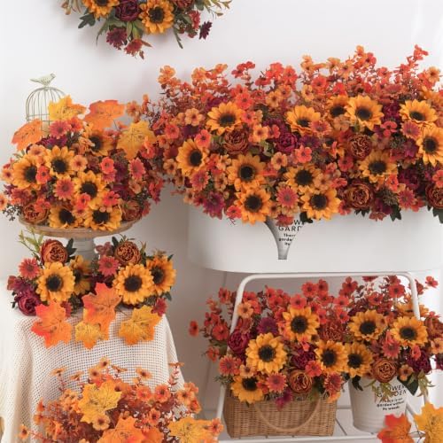 Mixed 5 Pcs Fall Artificial Sunflower Peony Bouquet, Yellow Burgundy Silk Faux Flower, Autumn Faux Floral Arrangements for Wedding Table Centerpiece DIY Thanksgiving Farmhouse Indoor Outdoor Decor