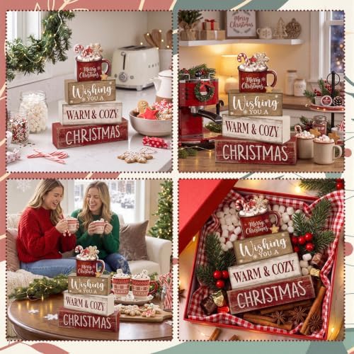 Moucuny 4 Pcs Christmas Coffee Table Decor for Home Kitchen, Wooden Cocoa