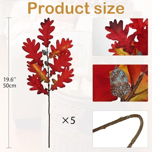 GnFlus 5 Pcs Artificial Fall Oak Leaves Stems 19.6” Fake Autumn Foliage Branches for Home Kitchen Farmhouse Vase Thanksgiving Table Centerpieces Party Halloween Decor Red