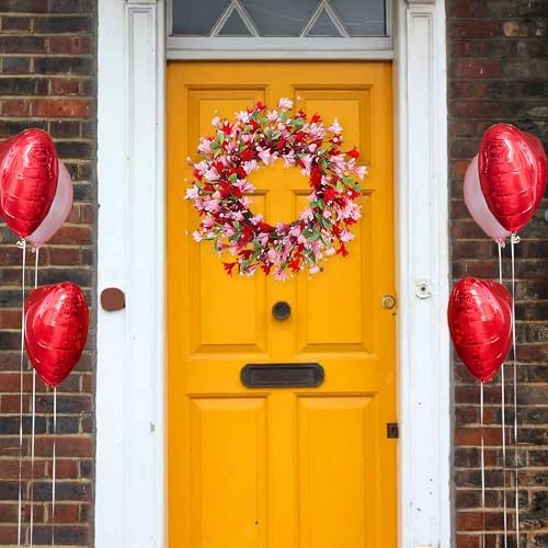 Sggvecsy 20in Valentine's Day Wreath Artificial Pink Red Forsythia Spring Summer Fake Silk Wreath with Heart Berries Green Leaves for Gifts Festival Front Door Window Wall Farmhouse Decor