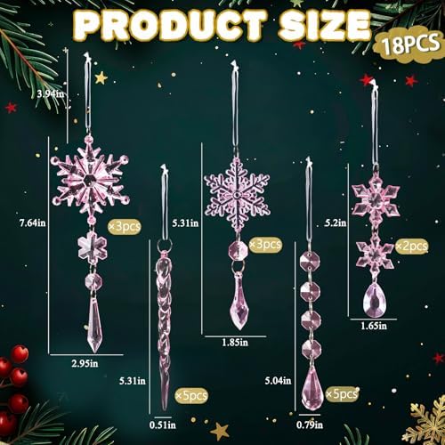 Crystal Christmas Tree Ornaments, Pink Acrylic Snowflake & Icicle, 18pcs