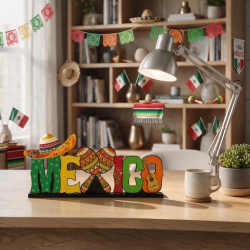 Smile Mexican Independence Day Wooden Standing Decor Sombrero Maracas Guitar Tiered Tray Tabletop Signs with Stands for Home and Party Decor