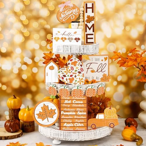 Amyhill 15 Pcs Fall Tiered Tray Decor Set Rustic Autumn Wooden Table Signs