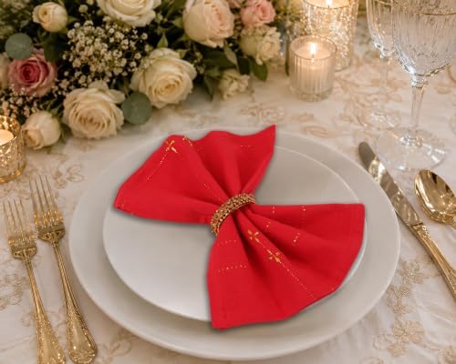 COTTON CRAFT Christmas Cloth Napkins - Set of 12 Red Gold Dinner Napkins