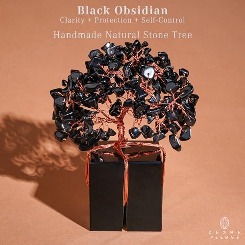 KARMAPLEDGE Chakra Tree of Life for Unique Gifts for Mom, Dad, Home and Office Decor, Handmade Black Obsidian Healing