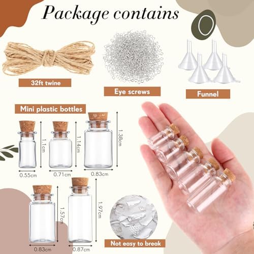 Bokon 200 Packs Mini Plastic Bottles with Corks Funnels Eye Screws