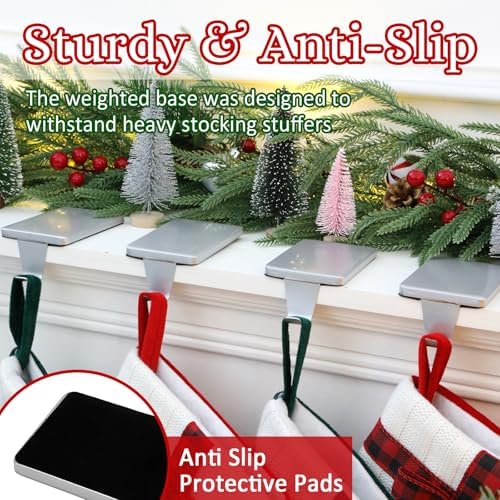 HMASYO Christmas Stocking Holders for Mantle Set of 4, Silver Heavy Duty Iron Stocking Hangers Base, Low Profile Weighted Stocking Holder Hooks for Fireplace Tabletop Shelf Christmas Decoration