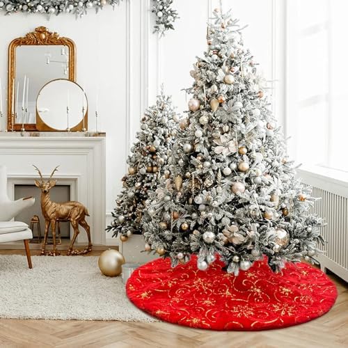 Christmas Tree Skirt Red 48 inch Gold Christmas Tree Skirt Snowflakes Faux Fur for Xmas Holiday Home Party