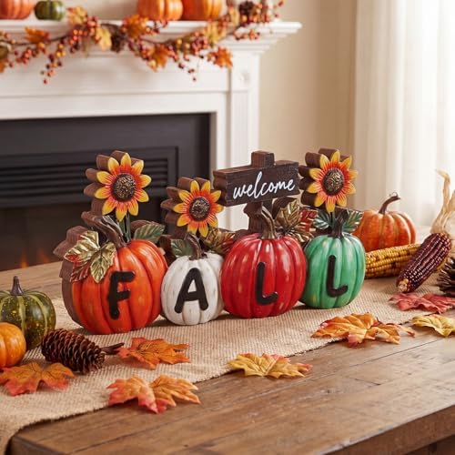Amyhill Fall Pumpkin Table Decorations for Home Fall Letter Pumpkin with Sunflower Wooden Pumpkins Tabletop Sign for Autumn Thanksgiving Shelf Mantel Tiered Tray Table Decoration Party Supplies