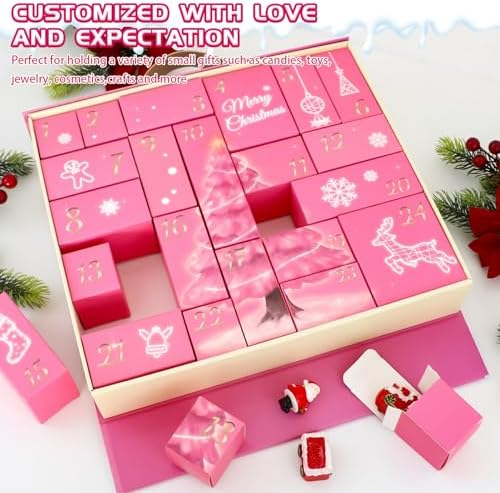 Christmas Advent Calendar, Empty Advent Calendar to Till Yourself, 24 Days Christmas Countdown Advent Calendar, Reusable Countdow Boxes, Xmas Gifts for Boys Girls Teens Adults