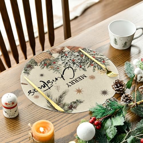 Artoid Mode Xmas Trees Holly Pine Cone Merry Christmas Round Placemats Set of 4, 14 Inch Winter Round Table Mats for Dining Decoration