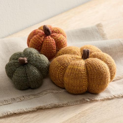 Set of 3 Cozy Mini Knit Pumpkins (Marigold Multi-Size Set)