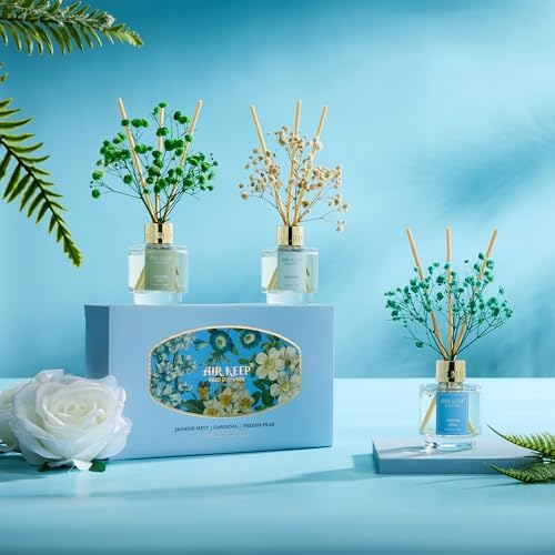Airkeep Reed Diffuser Set of 3, Jasmine Mint Gardenia Freesia Pear Oil Reed Diffusers for Bedroom Living Room Office
