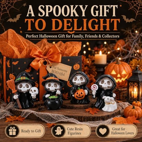 Halloween Figurines Set of 4 Halloween Decorations Indoor Table Decor Mini Skeleton Figurines Witch Skull Resin Statues Shelf Mantel Tiered Tray Decor Cute Spooky