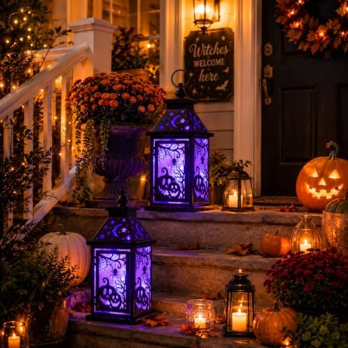 Halloween Decorations Indoor, Set of 2 Decorative 14.7" Spider&Pumpkin Candle Lantern with LED Lights(8 Modes), Hanging Spooky Halloween Lanterns, Outdoor Home Room Door Party Decor