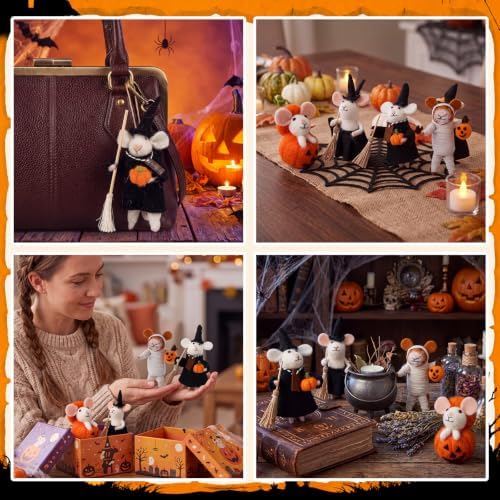 Hahafelt 4 Pcs Halloween Felt Mouse Ornaments Set Wool Handmade Mice