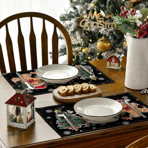 Artoid Mode Snowman Tree Gingerbread Black Christmas Placemats Set of 4, 12x18 Inch Seasonal Winter Holiday Table Mats for Party Kitchen Dining Decoration