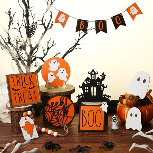 Umigy 15 Pcs Halloween Tiered Tray Decor Orange Ghost Wooden Signs Boo