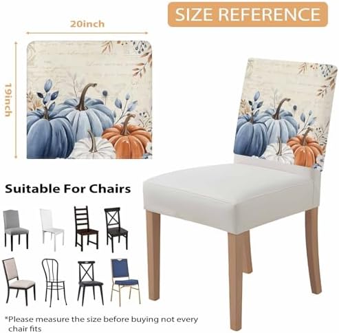 Fall Chair Covers Set of 6 Blue Pumpkin Chair Slipcover Protector Removable Stretch Chair Covers Floral Eucalyptus Leaf Thanksgiving Chair Back Covers for Dining Chairs Kitchen Holiday Party Decor