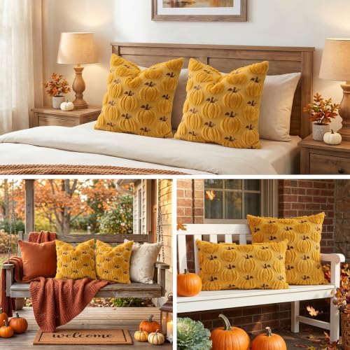Artscope Fall Pumpkin Throw Pillow Covers 20x20 Set of 2, Autumn Soft Plush Faux Fur Decoration Cushion Covers for Thanksgiving Holiday Couch Sofa Bedroom Home Decor-Mustard Yellow