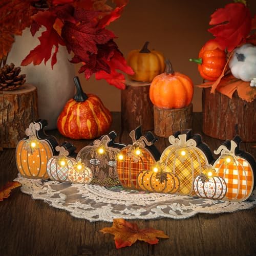 Yousoontic Fall Pumpkin Decor Table Centerpieces Halloween Wooden Pumpkin Sign Decorations with LED Lights 3D Block Autumn Harvest Farmhouse Fall Thanksgiving Decor for Home Mantel Desk Office Party