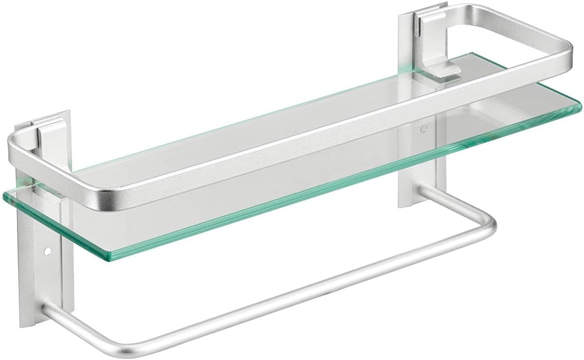 Glass Shelf with Towel Bar 15.7in Silver Bathroom Shelf Wall Mount Rustproof Bathroom Wall Organizer 1 Tier (Silver)