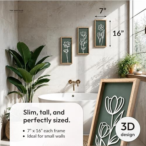 Tide and Tales 3d Green Wall Art, Wooden Botanical Wall Decor, Set of 3
