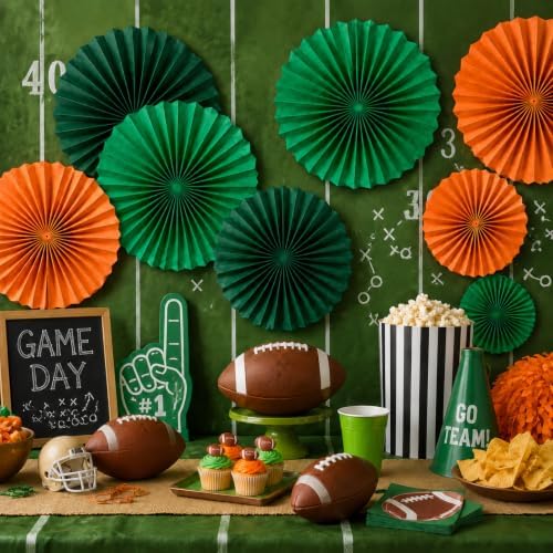 Paper Round Fan Set (12 Pcs) - 8/10/12/14 Inch Grass Green, Dark Green, Orange Hanging Paper Fans for Graduation, Birthday, Sports Party, Classroom, Baseball Party, Shop Window Decor