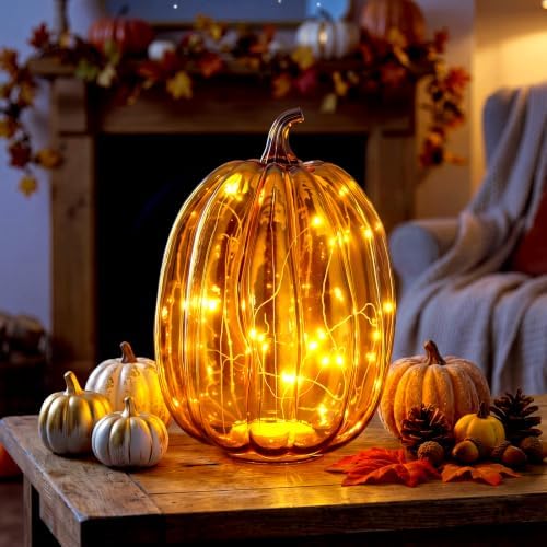 Glooglitter Mercury Glass Pumpkin Light LED Fall Lamp, Oval, Amber, Large