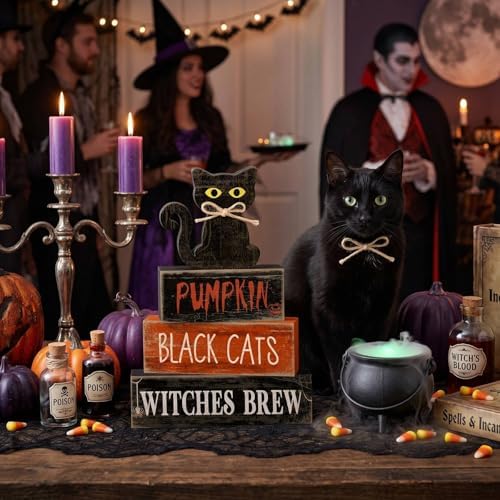 Lineshading 4 Pcs Halloween Table Decor for Home, Wooden Black Cat Sign Set