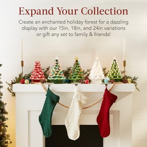 Best Choice Products 15in Ceramic Christmas Tree, Pre-lit Hand-Painted Tabletop Holiday Tree, 2 Star Toppers, 64 Lights - Flocked w/Multicolored Bulbs