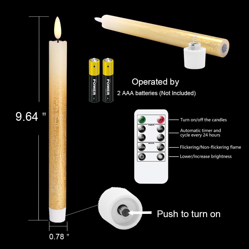 Wondise Gold Flameless Taper Candles with Timer & Remote, 9 Inch Battery Operated LED Flickering Window Candle for