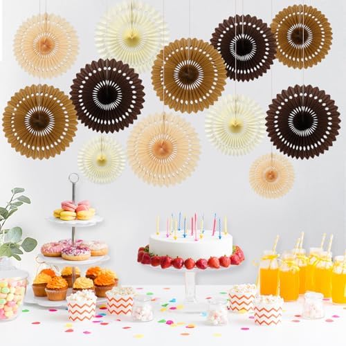 BestoFun 12PCS Paper Fans Brown Neutral Party Decorations Tissue Paper Flowers Boho Paper Fans Party Decorations for Girl Groovy Birthday Baby Shower Wedding Bachelorette Room Wall Hanging Décor