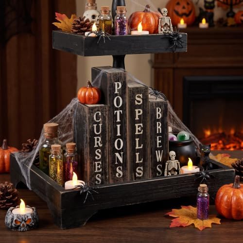 Lineshading 4 Pcs Halloween Table Decoration Wooden Book, Spell Potion Sign