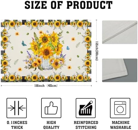 Sunflower Placemats Set of 4 18x12 Inch Summer Fruit Black and White Buffalo Plaid Linen Place Mats Heat-Resistant Washable Wipeable Yellow Floral Table Mat for Kitchen Dining Room Dinner Table Decor