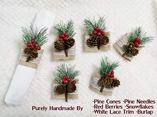 Burlap Napkin Rings Set of 6, Rustic Napkin Rings Handmade by Pinecones and Berries, Napkin Ring for Christmas Wedding Thanksgiving Dinner Table Decor