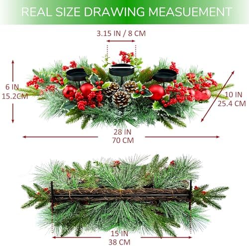 YULETIME 28" Christmas Triple Candelabrum, Red Baubles, Berries, Pine Cones