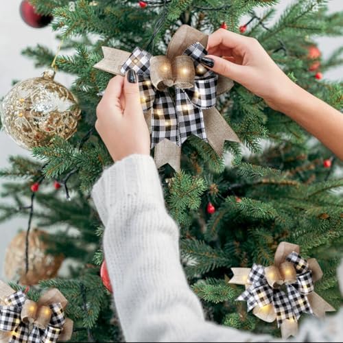 LED Christmas Buffalo Plaid Bow Rustic Burlap Black White Wreath Bow with LED Lights for Holiday Decorations (9.5 x 13 inch)