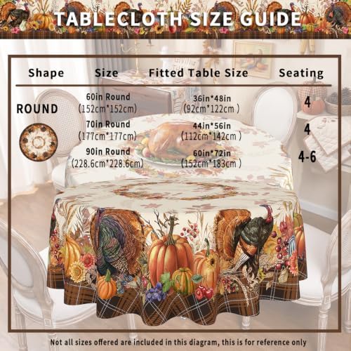 Thanksgiving Tablecloth Round 90 Inch, Stain Resistant Machine Washable Fabric Polyester Turkey Harvest Table Cloth Round Thanksgiving Tablecloth Table Cover for Kitchen Dining Party