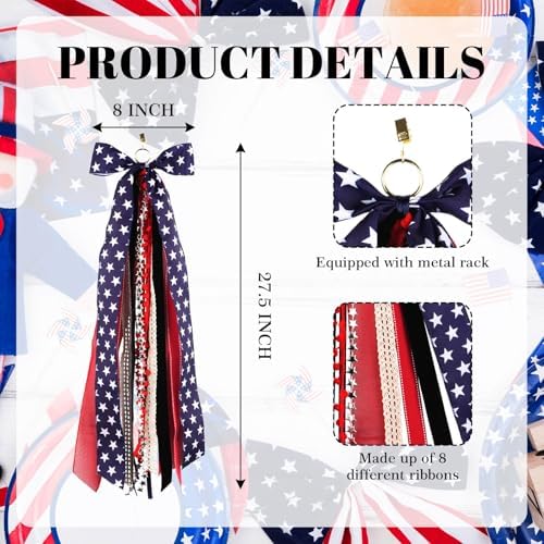 Patriotic Bow for Wreaths, 27.5" Red White Blue 8-Layer Wired Ribbon, Clip-On Stars Stripes Memorial Veterans Independence Day Front Door Decor