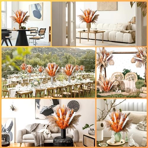 120Pcs 17" Orange Dried Pampas Grass Bouquet, Boho Floral Home Decor